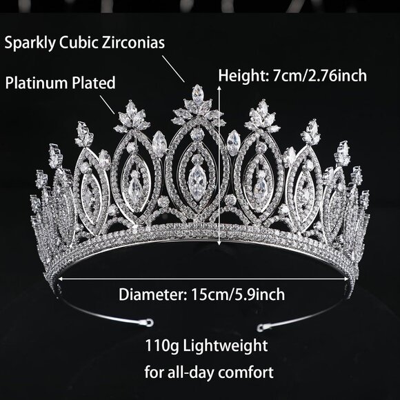 Silver Bridal Tiara Crown Cubic Zirconia Wedding Pageant Prom Accessory - Picture 3 of 9